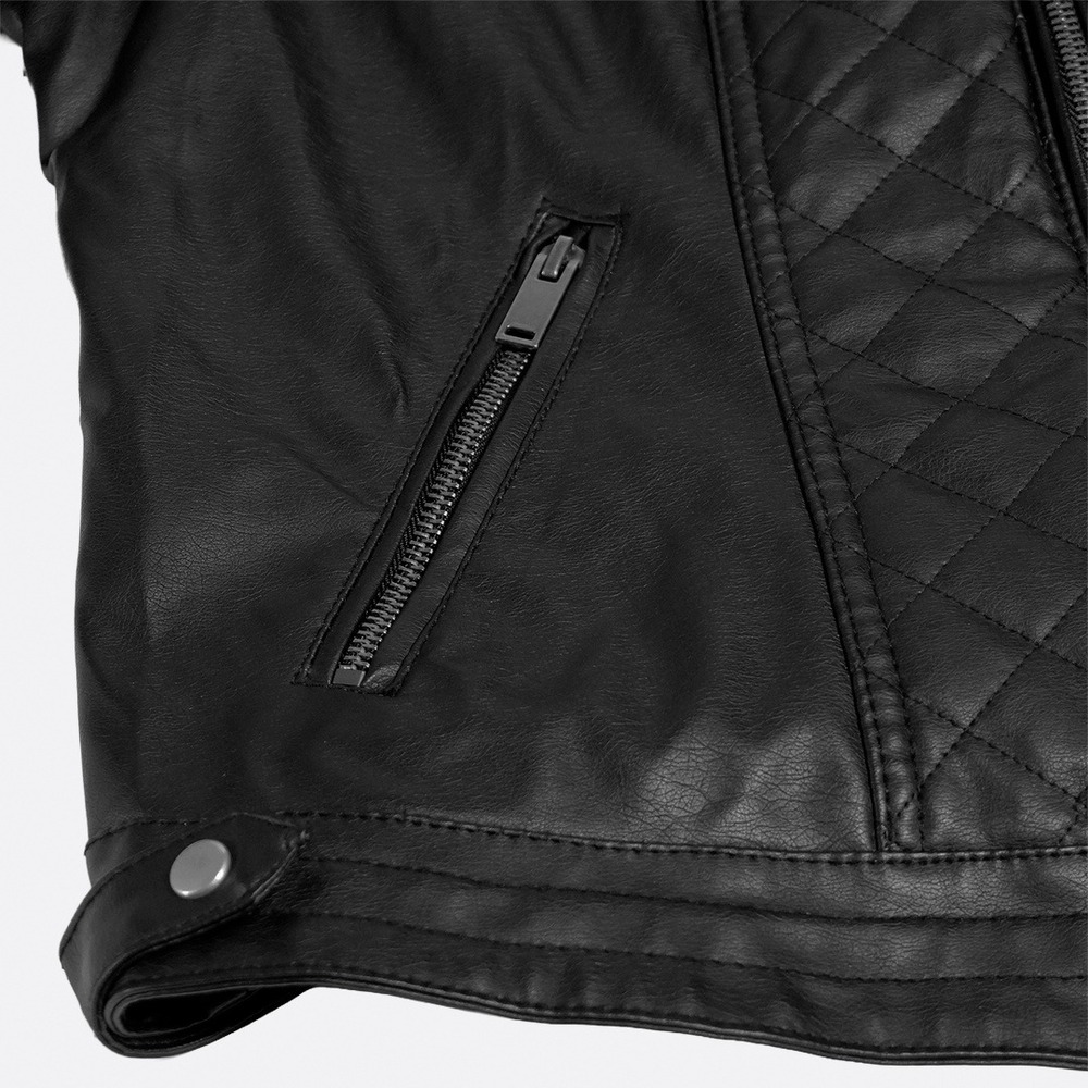 Quilted Onyx Black Faux Leather Moto Biker Jacket Sleek Collarless 0X Large - Picture 5 of 8
